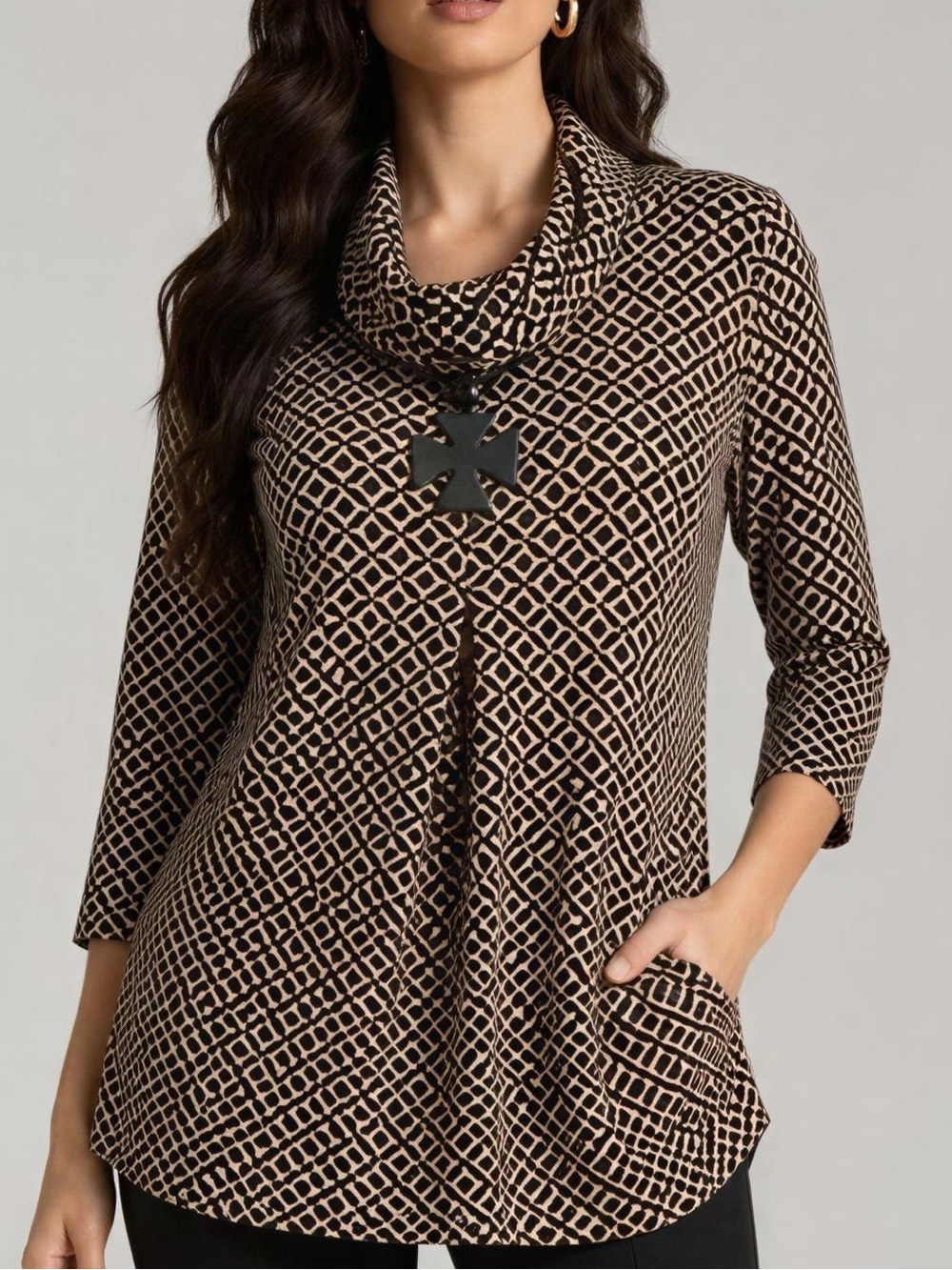 Tyler Boe Cowl Neck Front Pocket Geometric Black/Gold Print Dress - L